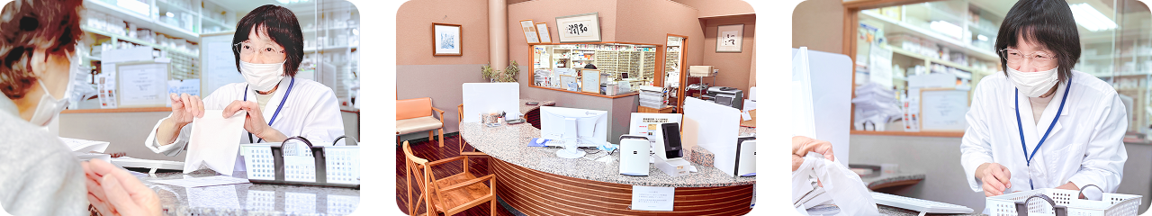 地域に根ざした「健康のパートナー」として、利用者と丁寧なコミュニケーションを取りながら対応するひかり薬局の女性薬剤師と、きれいに整頓されたひかり薬局の受付カウンター